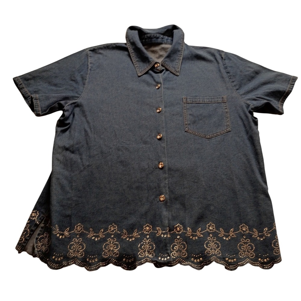 Rhinestone Scalloped Hem Denim Shirt Women's Short Sleeve Butterfly Button Up